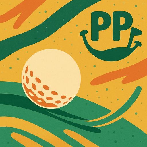 Parabola Putters illustration: a golf ball rolling on a green beneath the PP mark