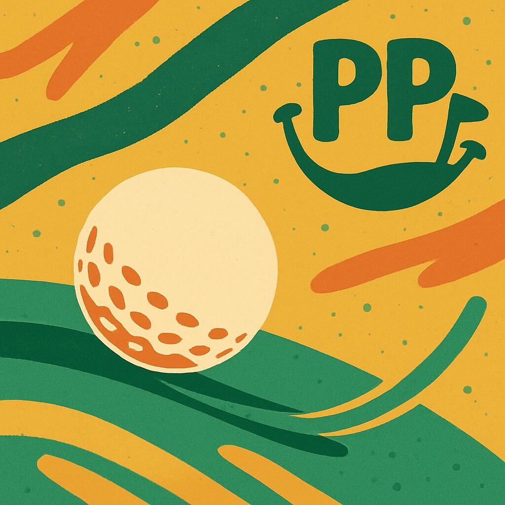 Parabola Putters illustration: a golf ball rolling on a green beneath the PP mark